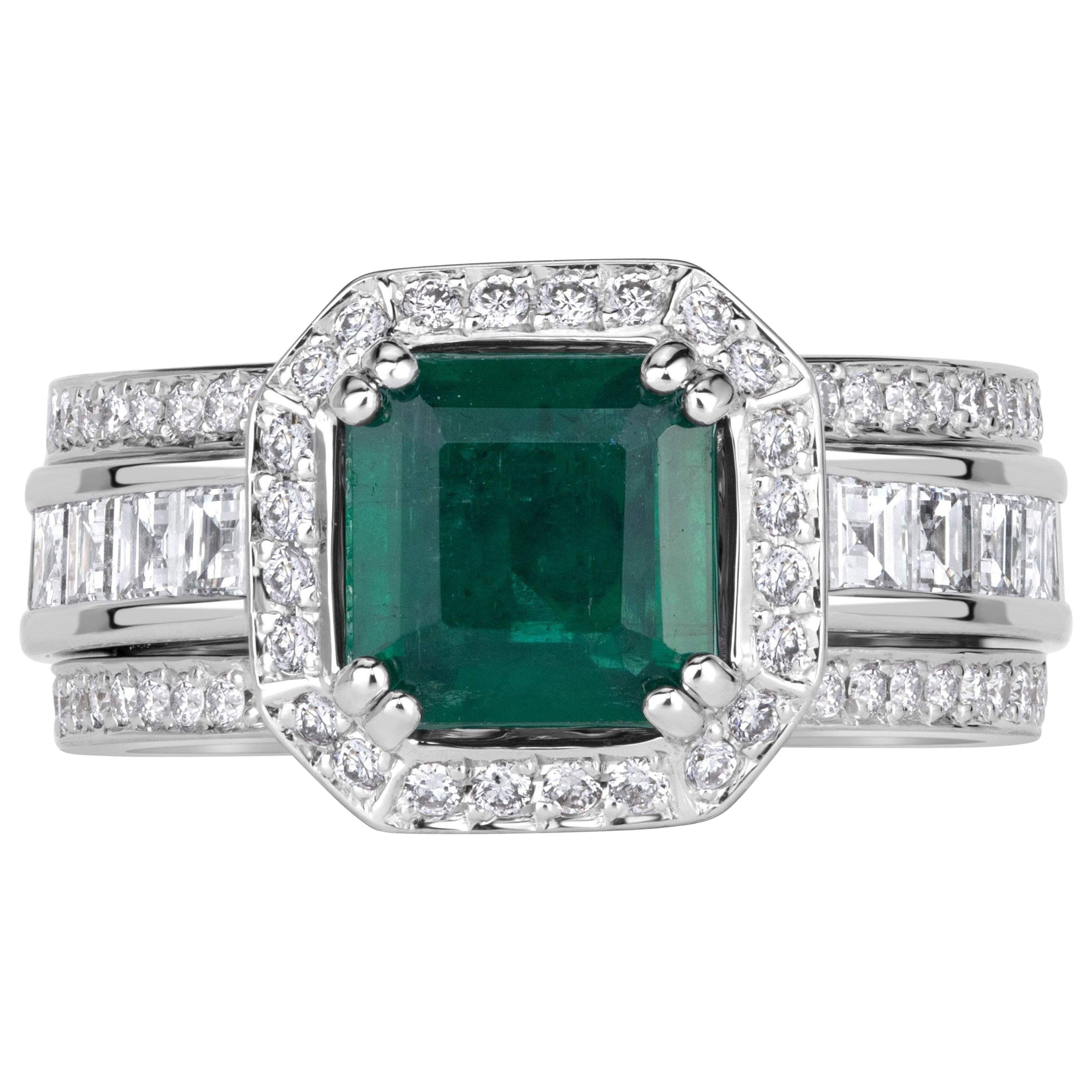 3.19ct Emerald Cut Green Emerald Engagement Ring For Sale