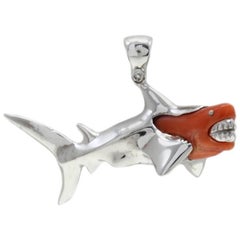 Red Coral, 18K White Gold Shark Shape Pendant Necklace