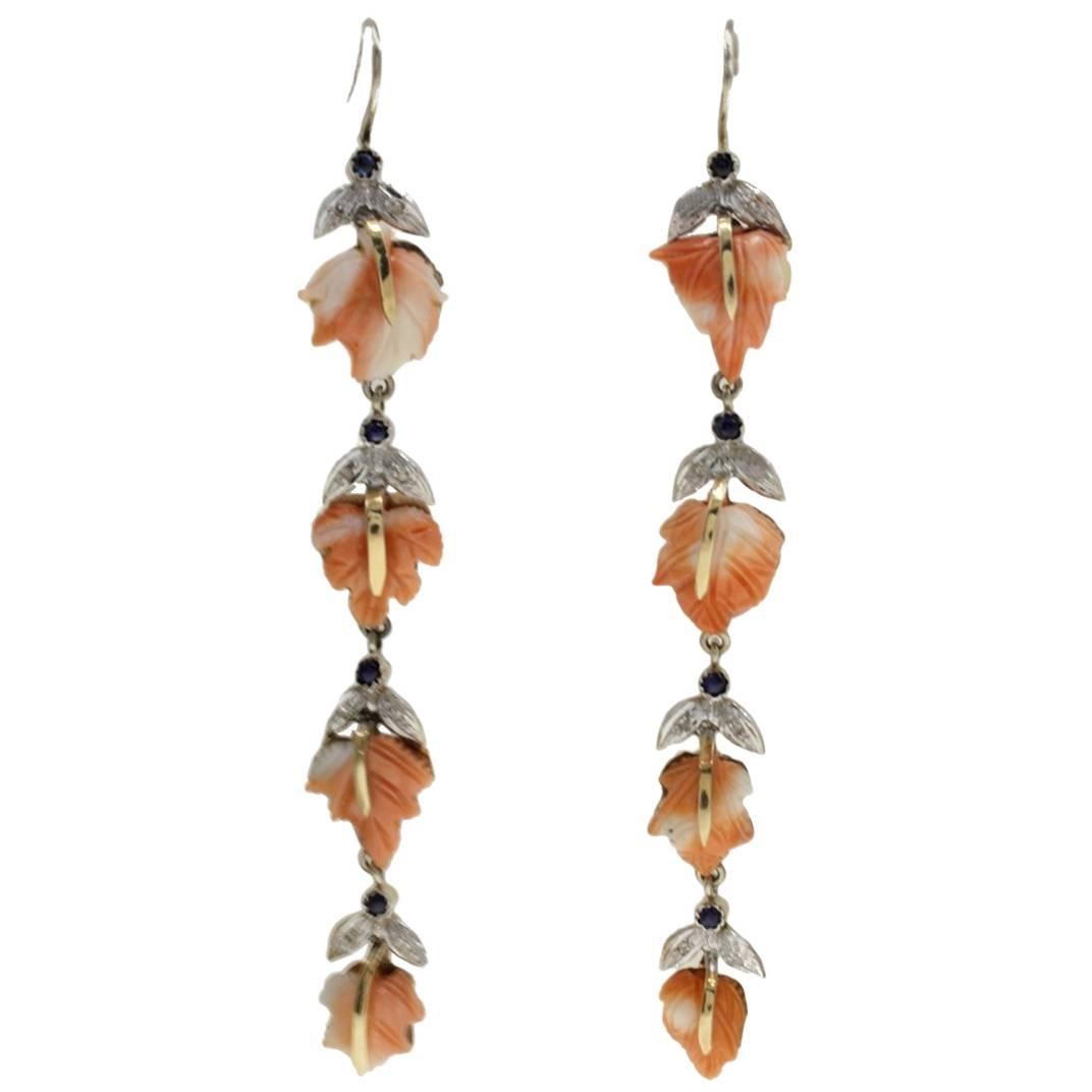  Diamond Sapphire Coral Dangle Earrings