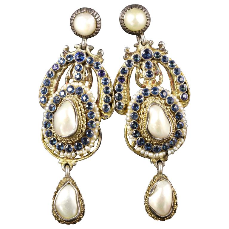 Antique Victorian Long Sapphire Baroque Pearl Earrings For Sale at 1stdibs