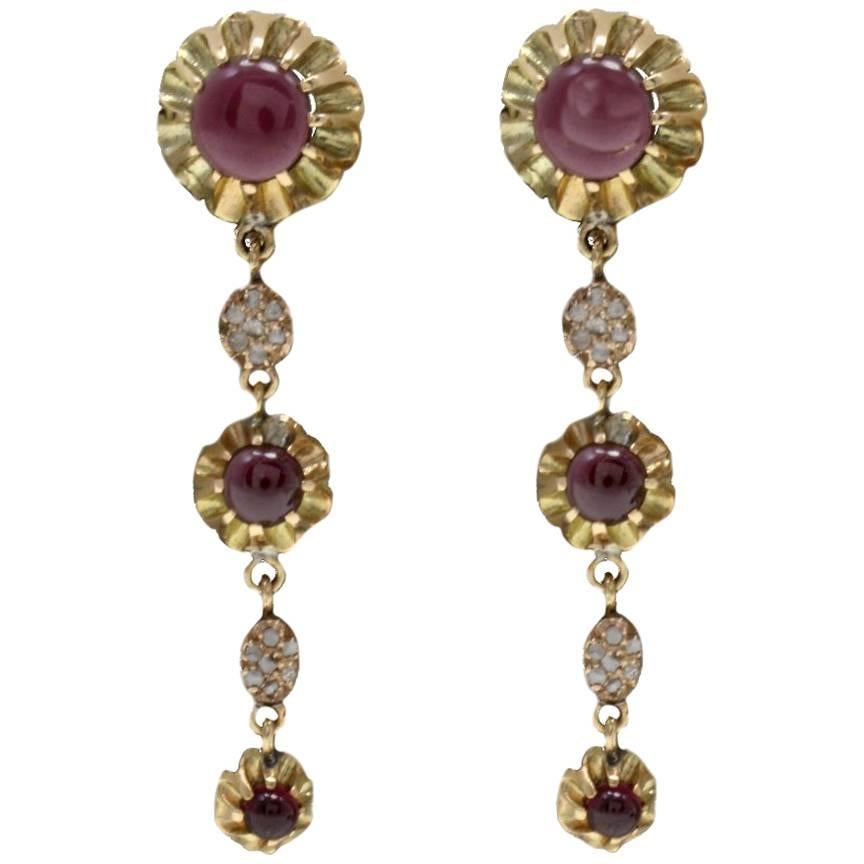 Garnet Diamond Gold Dangle Earrings For Sale