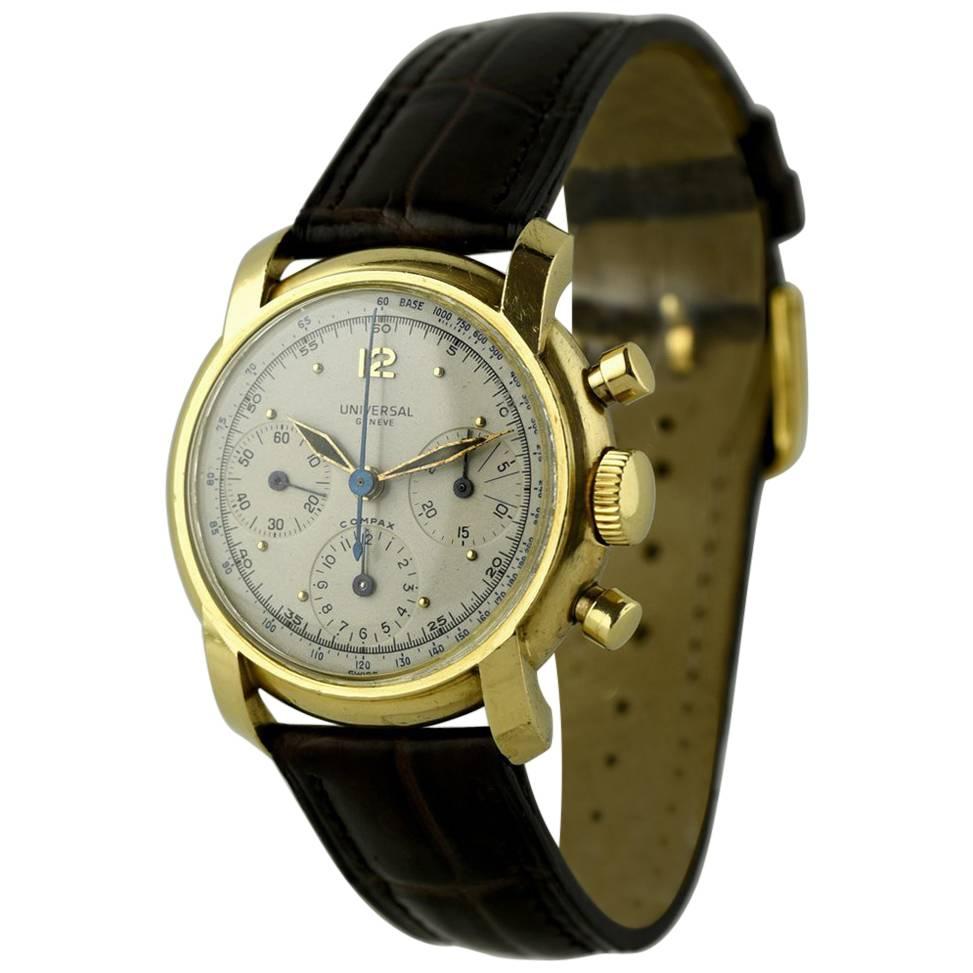 Classic Universal Geneva Gold Compax Chronograph Waterproof, 1940s For Sale