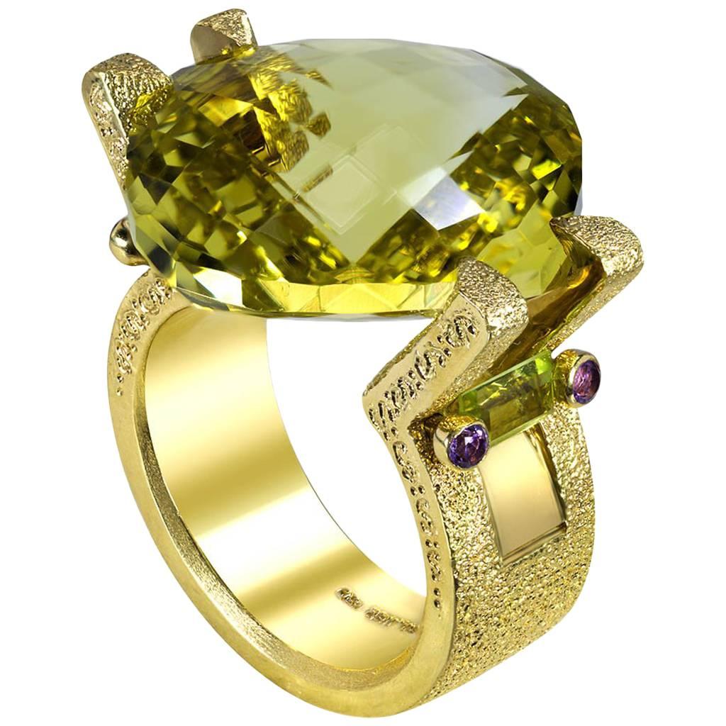 Alex Soldier Lemon Quartz Peridot Amethyst Textured Handmade Yellow Gold Ring