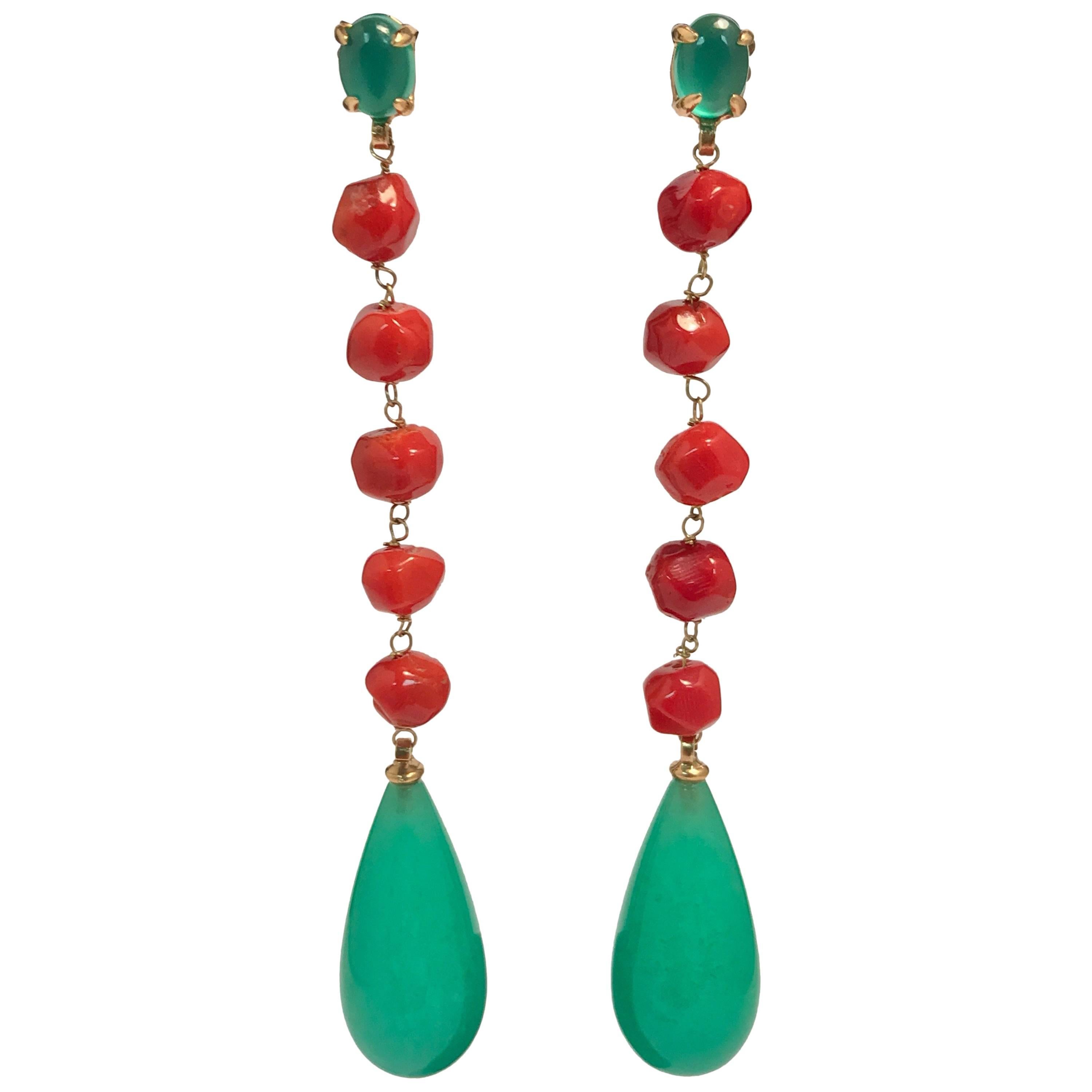 Corals and Jades Yellow Gold Chandelier Earrings