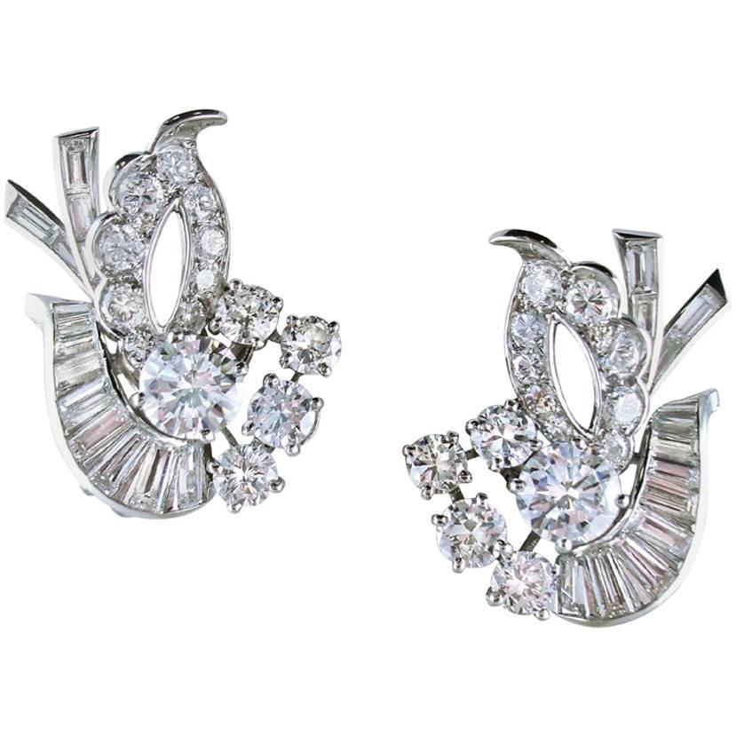 1950s Mauboussin Paris Diamond Floral Earclips For Sale