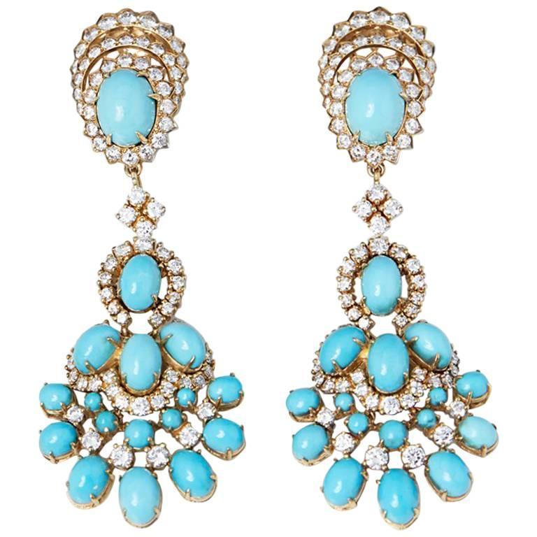 Van Cleef and Arpels Vintage Turquoise Diamond Gold Earrings at 1stDibs