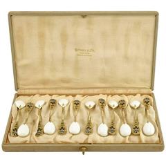 Antique Set of 12 Russian Silver and Enamel Spoons Retailed by Tiffany & Co.