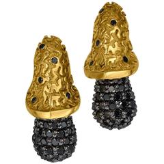 Alex Soldier Black Diamond Yellow Gold Textured Dangle Stud Earrings Handmade 7
