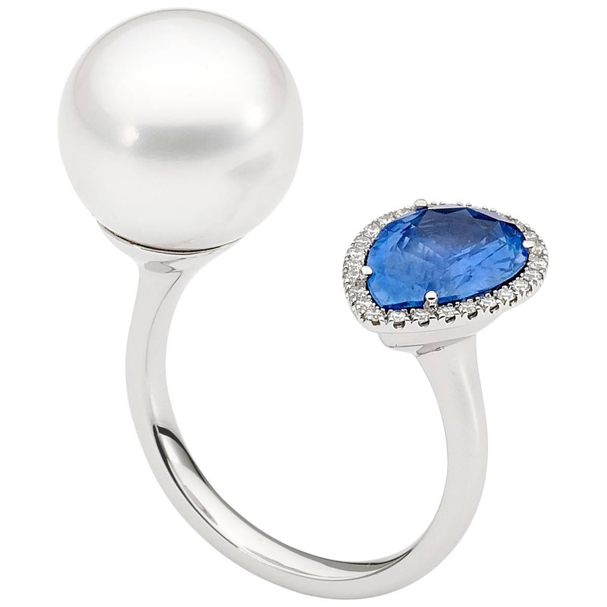 Blue Sapphire and White South Sea Pearl Open Set Ring