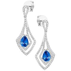 Pear Shape Blue Sapphire and Diamonds Drop Earrings 6