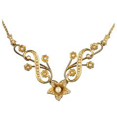 Antique Victorian Gold Pearl Necklace 15 Carat Gold, circa 1900 10