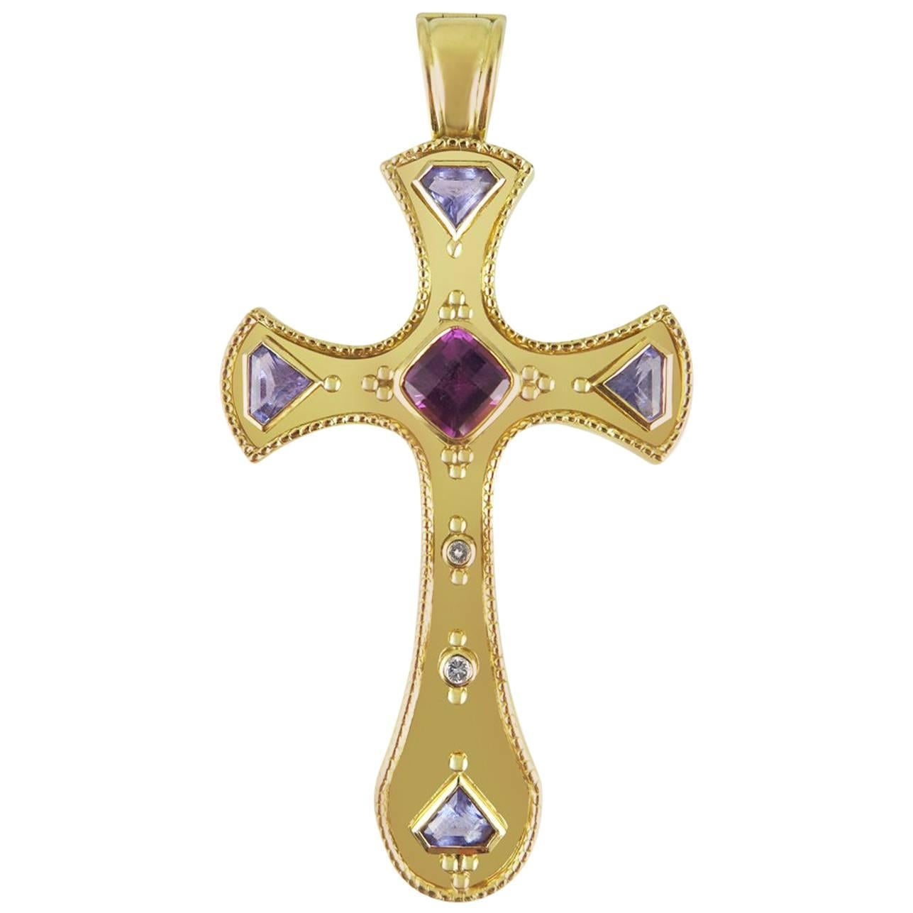 Theo Fennell Gem-Set Gold Pendant Cross For Sale