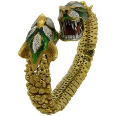 Italian Early 1960s Diamond Ruby Enamel Gold Beast Snake Bracelet 4