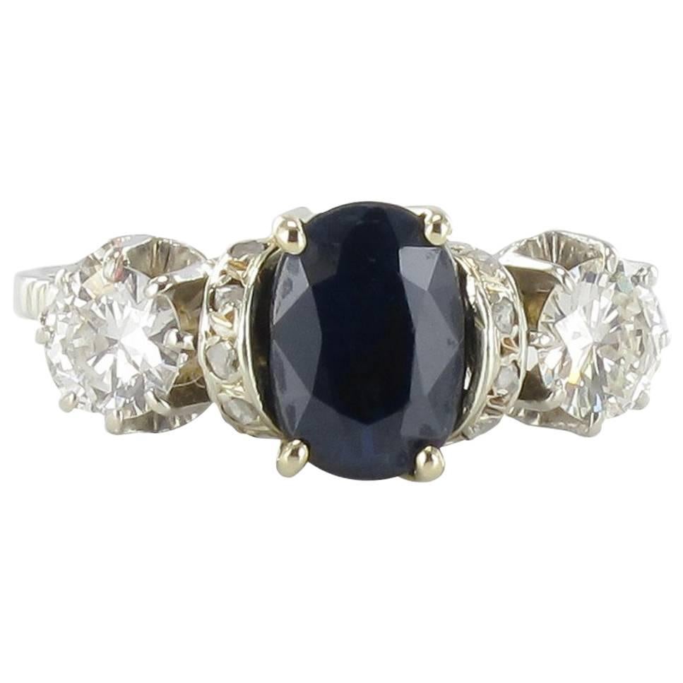 1900s French White Gold Diamond Sapphire Ring