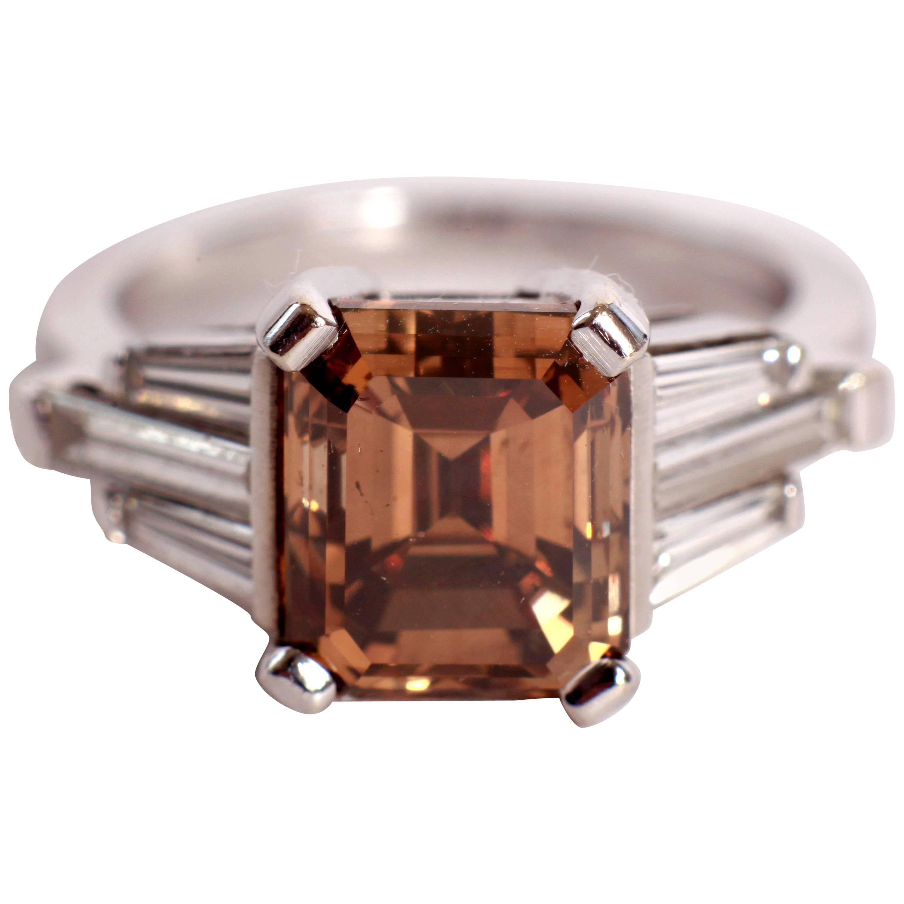 Unique 4.32 Carats Emerald Cut Chocolate Diamond, 18K White Gold Ring  For Sale
