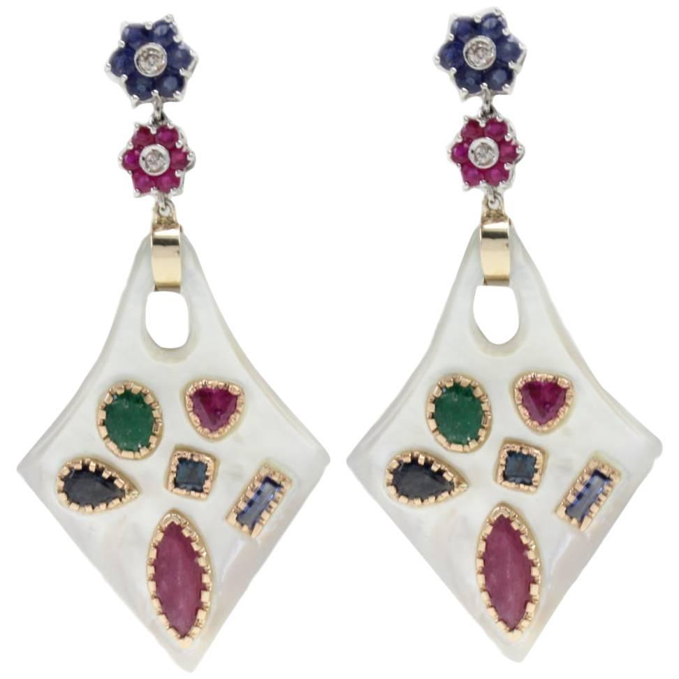 Ruby Sapphire Emerald White Stone Diamond Gold Earrings For Sale