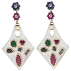 Retro Ruby Sapphire Emerald White Stone Diamond Gold Earrings