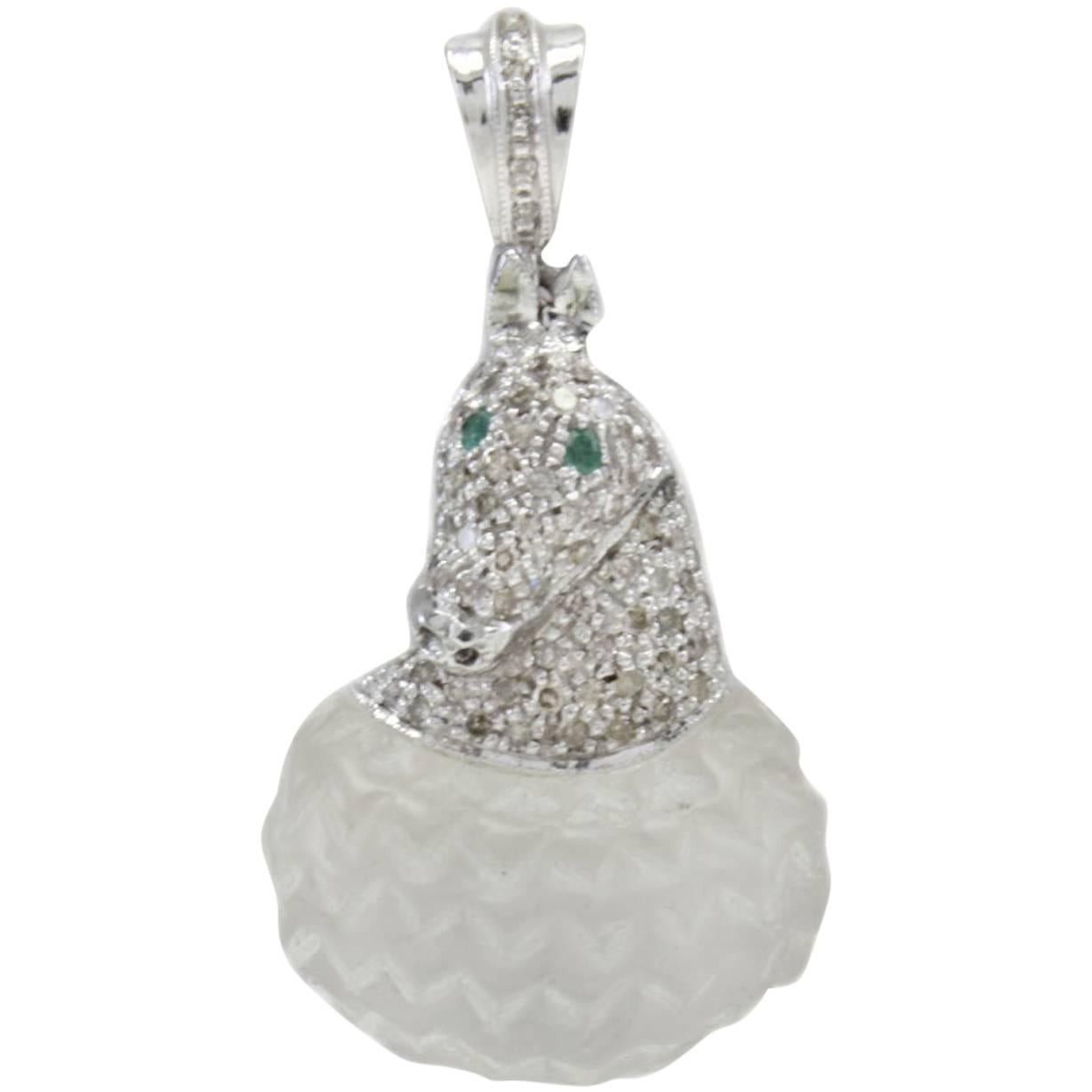 Gold Silver Diamond Emerald Rock Crystal Pendant For Sale