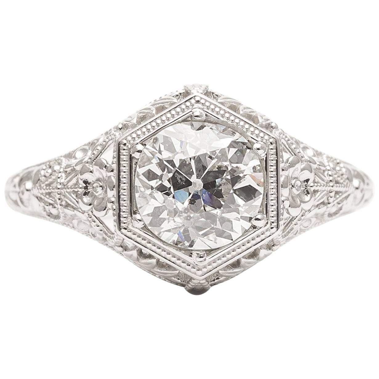 Handmade 1.20 Carat Diamond Platinum Floral Filigree Engagement Ring  For Sale
