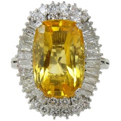 12.86 Carat Natural Antik Yellow Sapphire Original 1960s Diamond Ballerina Ring