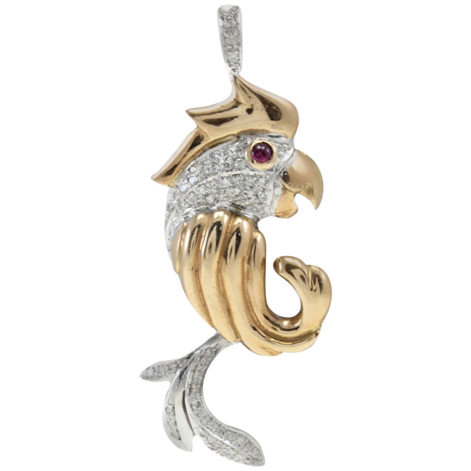 Diamonds Ruby White and Rose Gold Parrot Shape Pendant Necklace For Sale