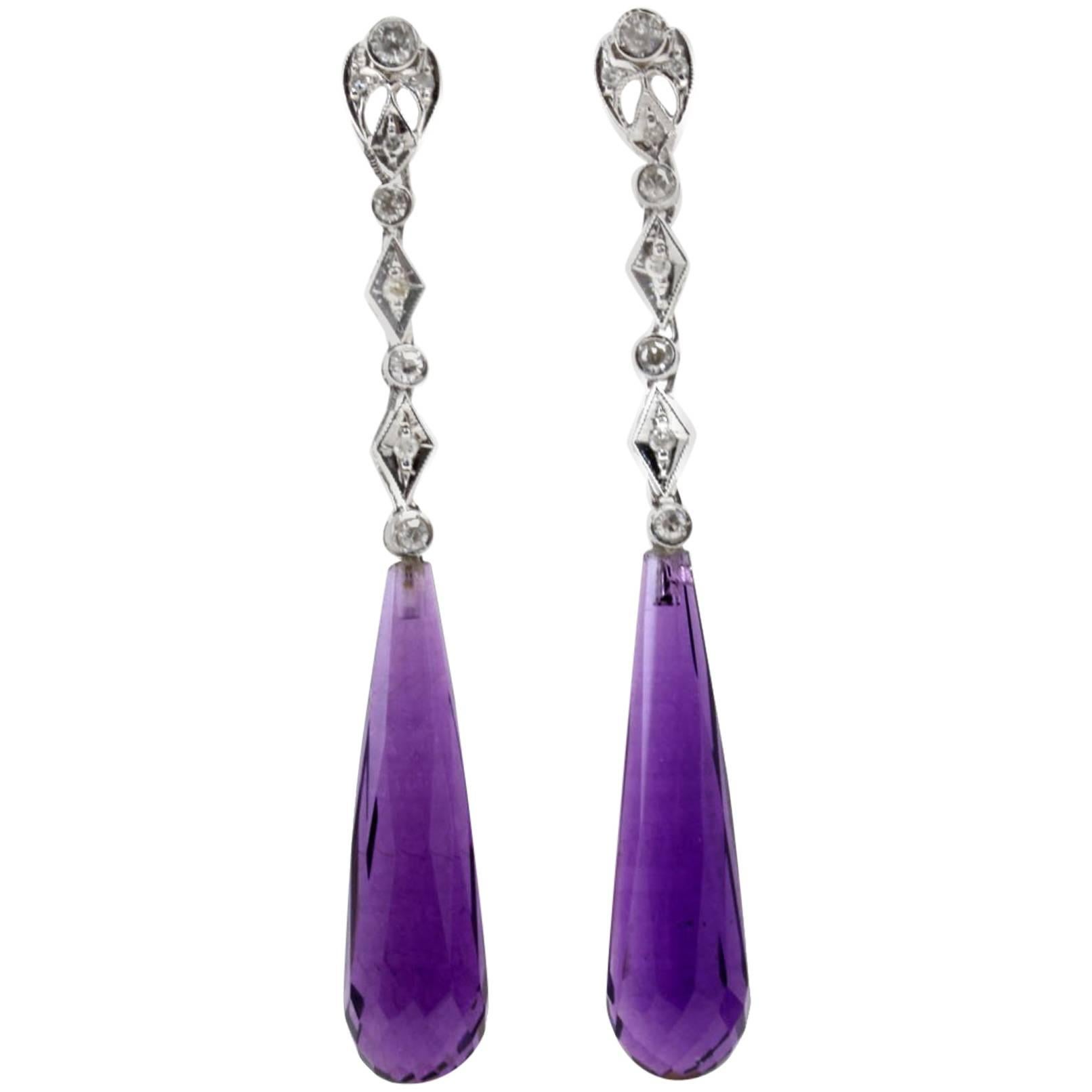 White Gold, Diamond Hydrothermal Amethyst Stone Drops Earrings