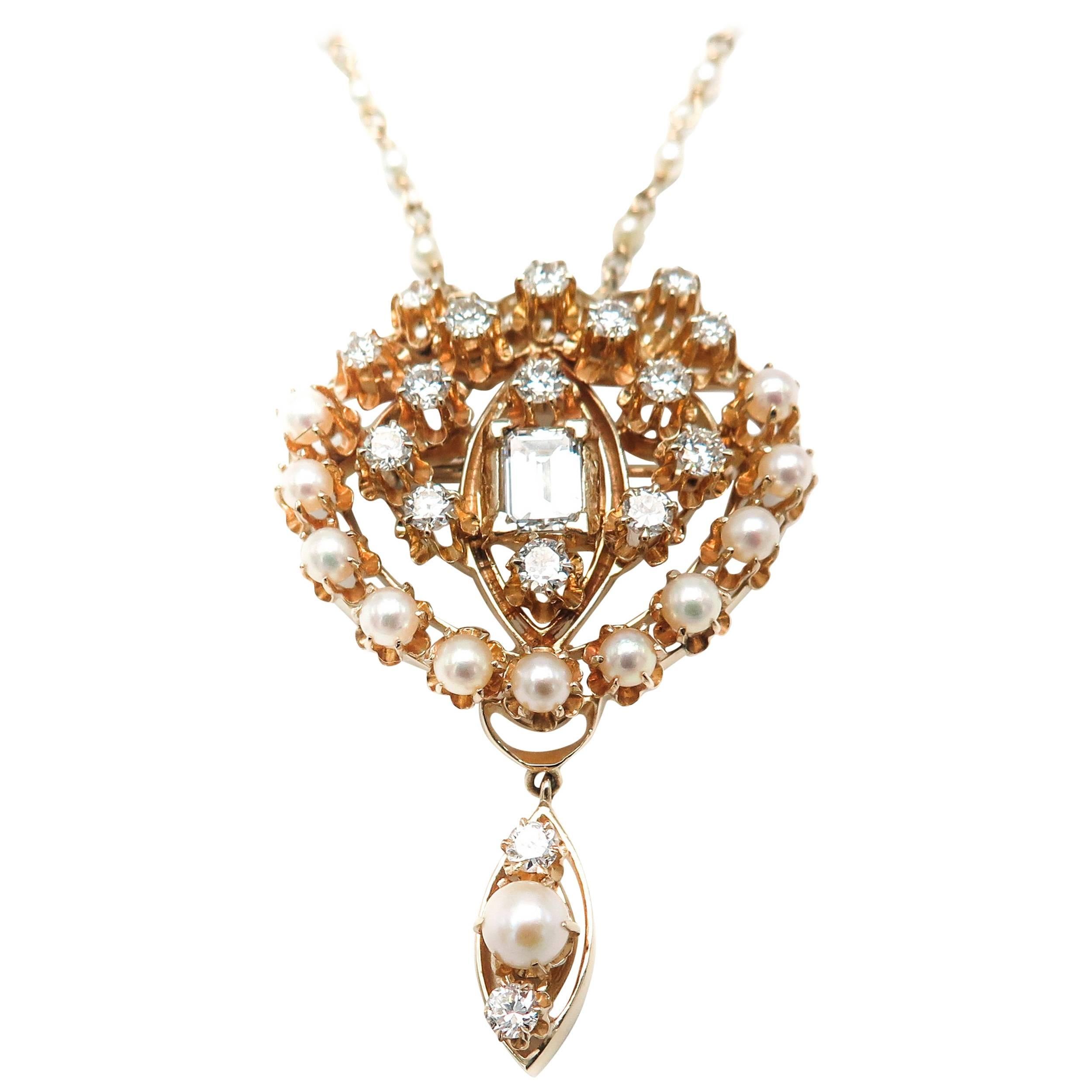 Pearl Diamond Yellow Gold Brooch Pendant Necklace