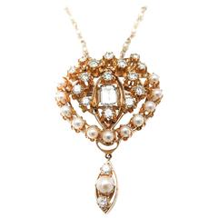 Pearl Diamond Yellow Gold Brooch Pendant Necklace 10