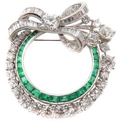 Platinum Emerald and Diamond Circle Brooch/Pendant