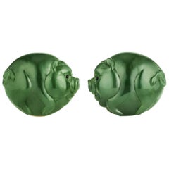 Hand-Carved Russian Nephrite Jade and Gold Pig Cufflinks