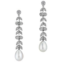 Art Deco Diamond Pearl and Platinum Drop Earrings