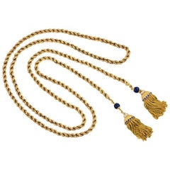 Used 1950s Gold Lariat Necklace with Lapis and Gemset Tassels