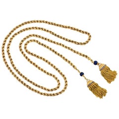 Collier lariat en or des années 1950 avec pampilles en lapis et pierres précieuses