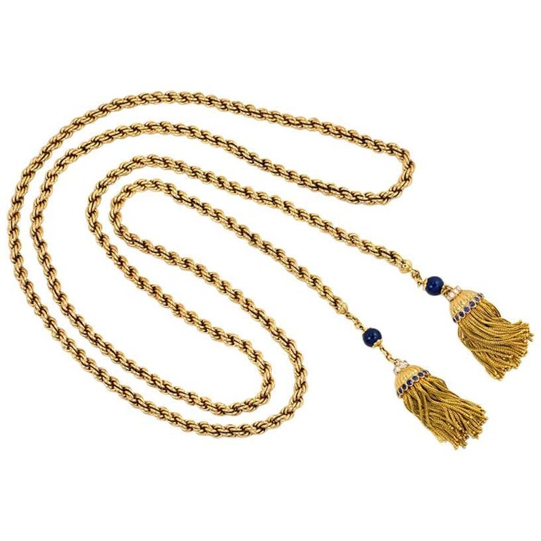 1950s Gold Lariat Necklace with Lapis and Gemset Tassels at 1stDibs