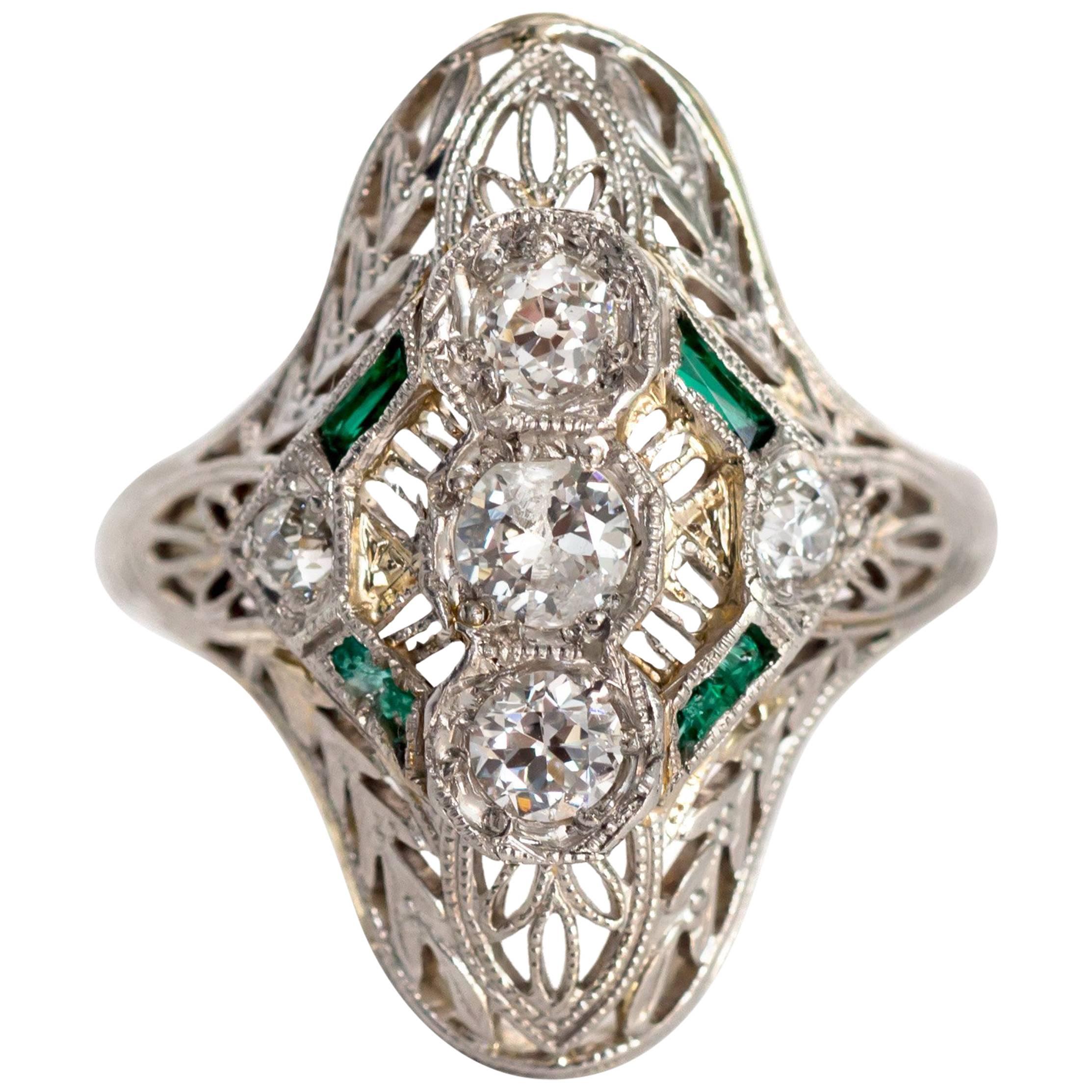 1930s .50 Carat Diamond Emerald Platinum Engagement Ring For Sale