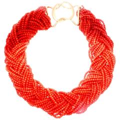 Coral Bead Braided Gold Necklace 1
