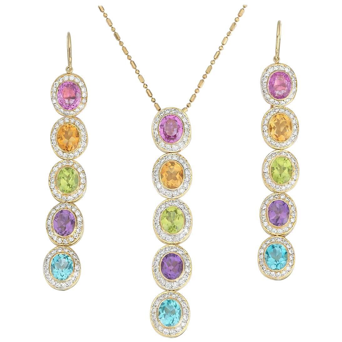Eli Frei Gemstone Diamond Earrings Necklace Set For Sale