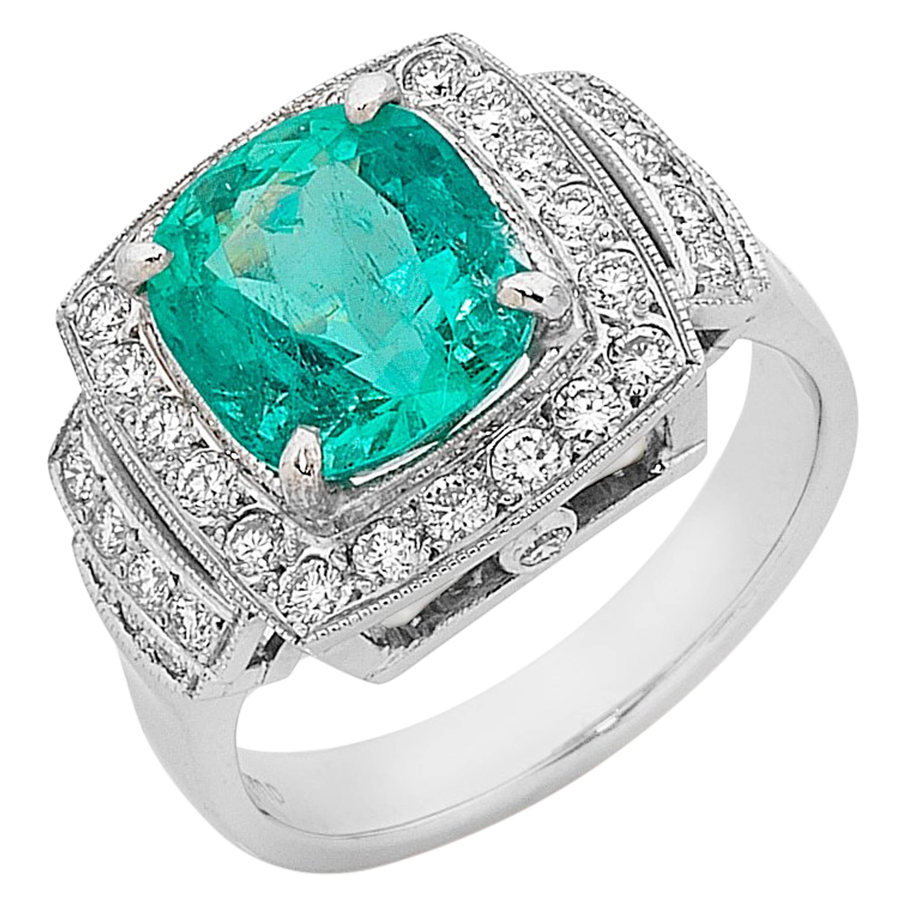 3.07 Carat Emerald Diamond White Gold Halo Ring For Sale