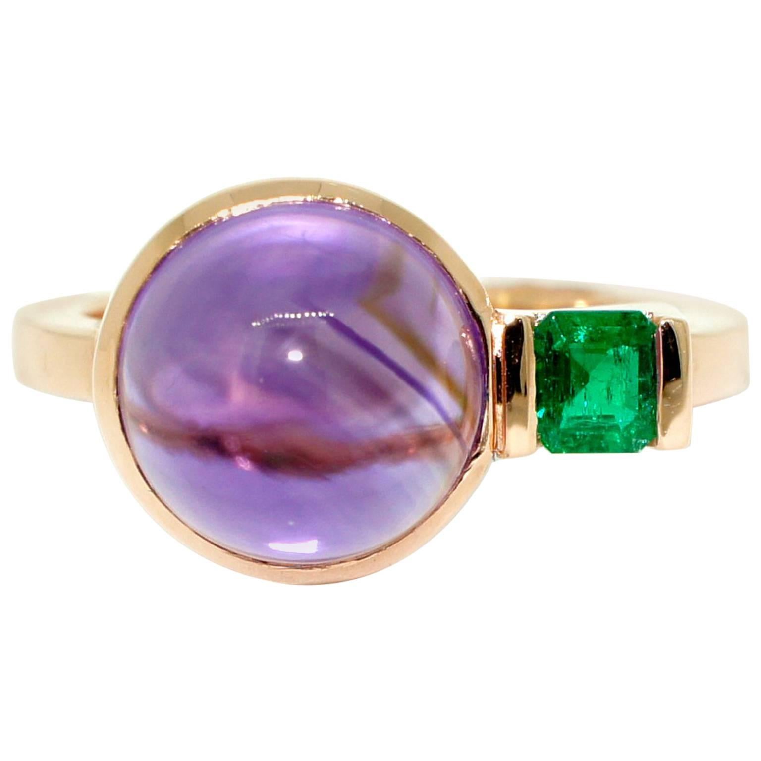 Lizunova Amethyst and Emerald Rose Gold Cluster Ring For Sale