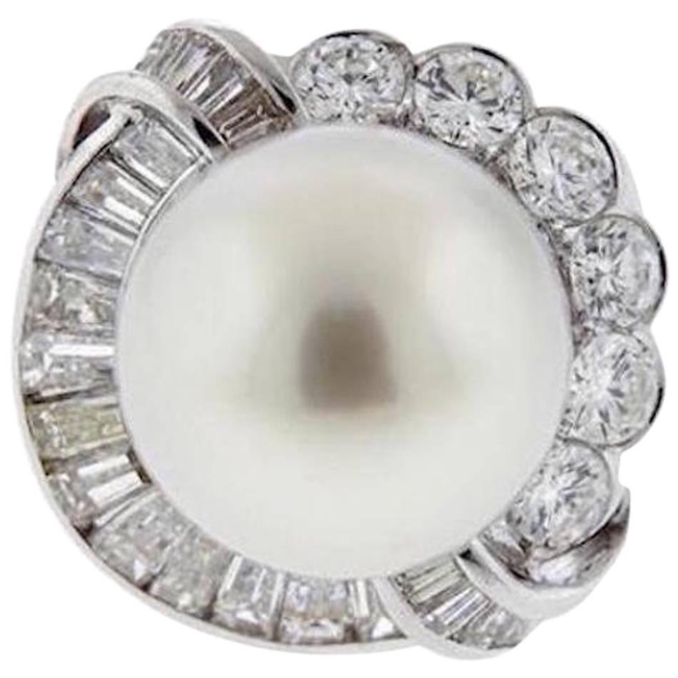 Stunning South Sea Pearl Diamond Gold Cocktail Ring For Sale