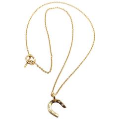 Vintage Hermes Diamond Yellow Gold Horseshoe Pendant Chain Necklace