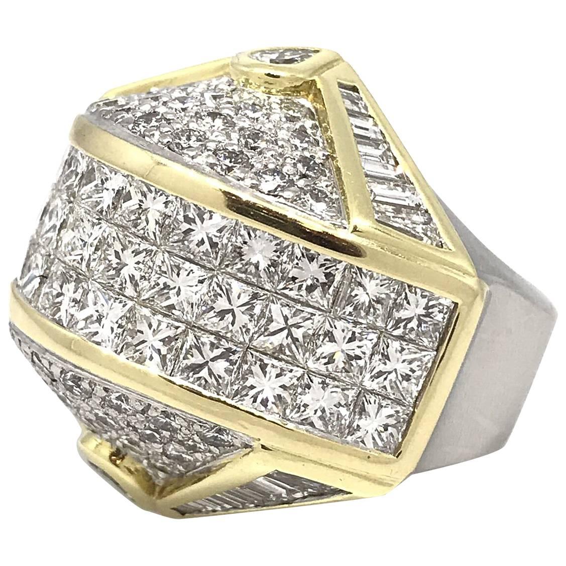 Large Geometric Diamond Dome Gold Platinum Ring 