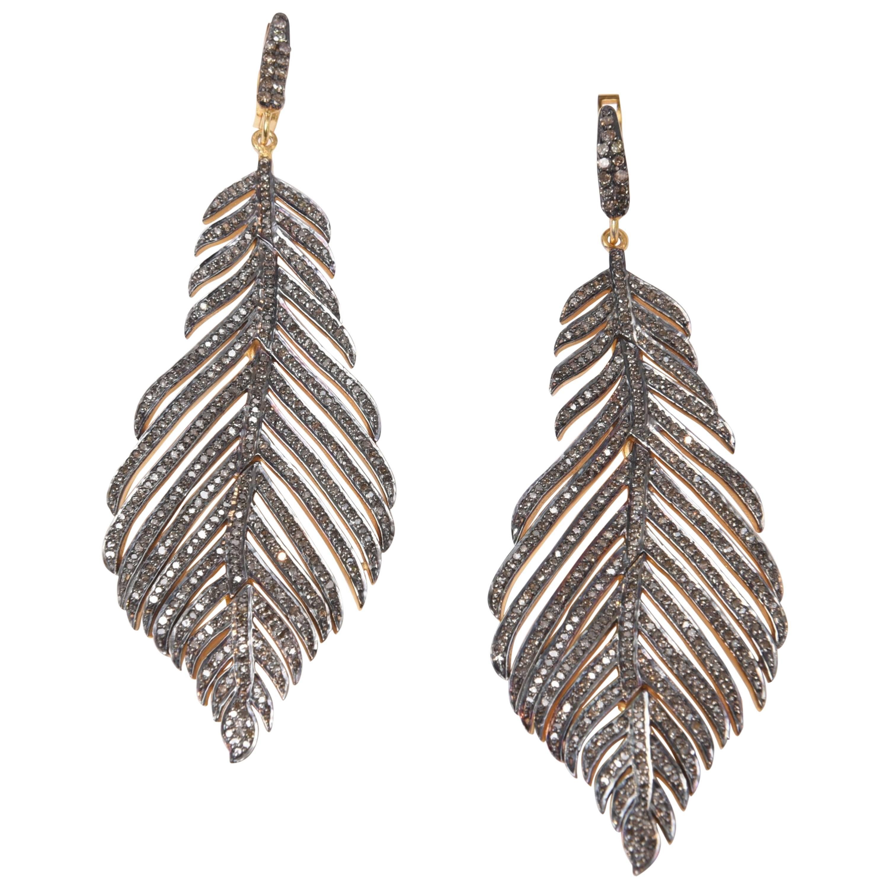 Pave`Set Diamond Gold Feather Earrings
