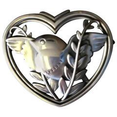 Vintage Georg Jensen Sterling Silver Heart and Bird Brooch No. 239 by Arno Malinowski