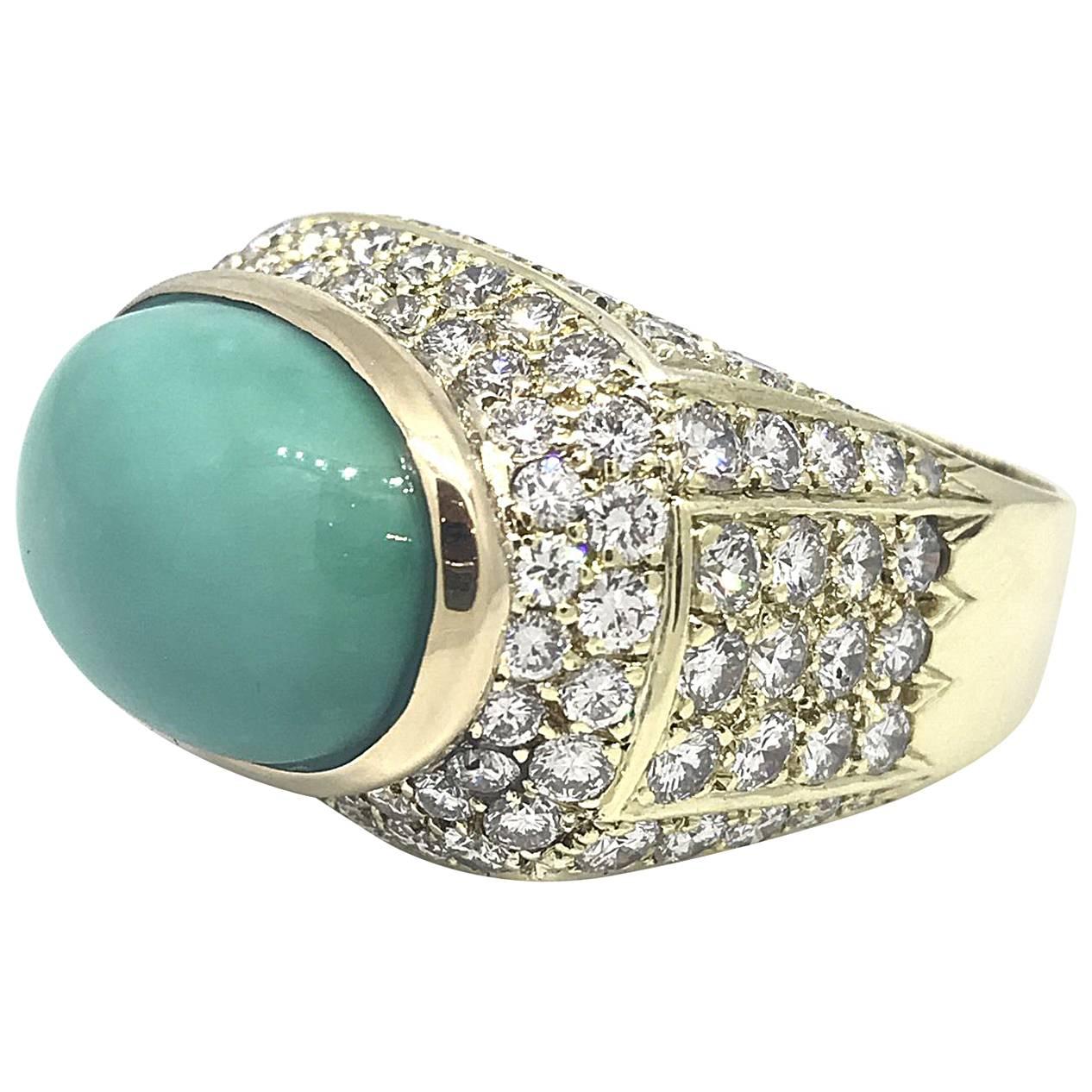 Turquoise Diamond Yellow Gold Dome Ring For Sale