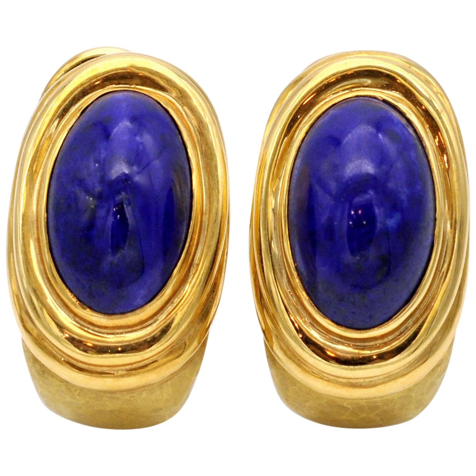 Hammered Gold and Lapis Lazuli Clip-On Earrings