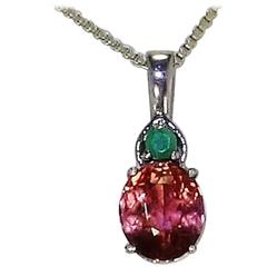 Oval Dark Peach Color Tourmaline and Emerald Pendant in Sterling Silver 8