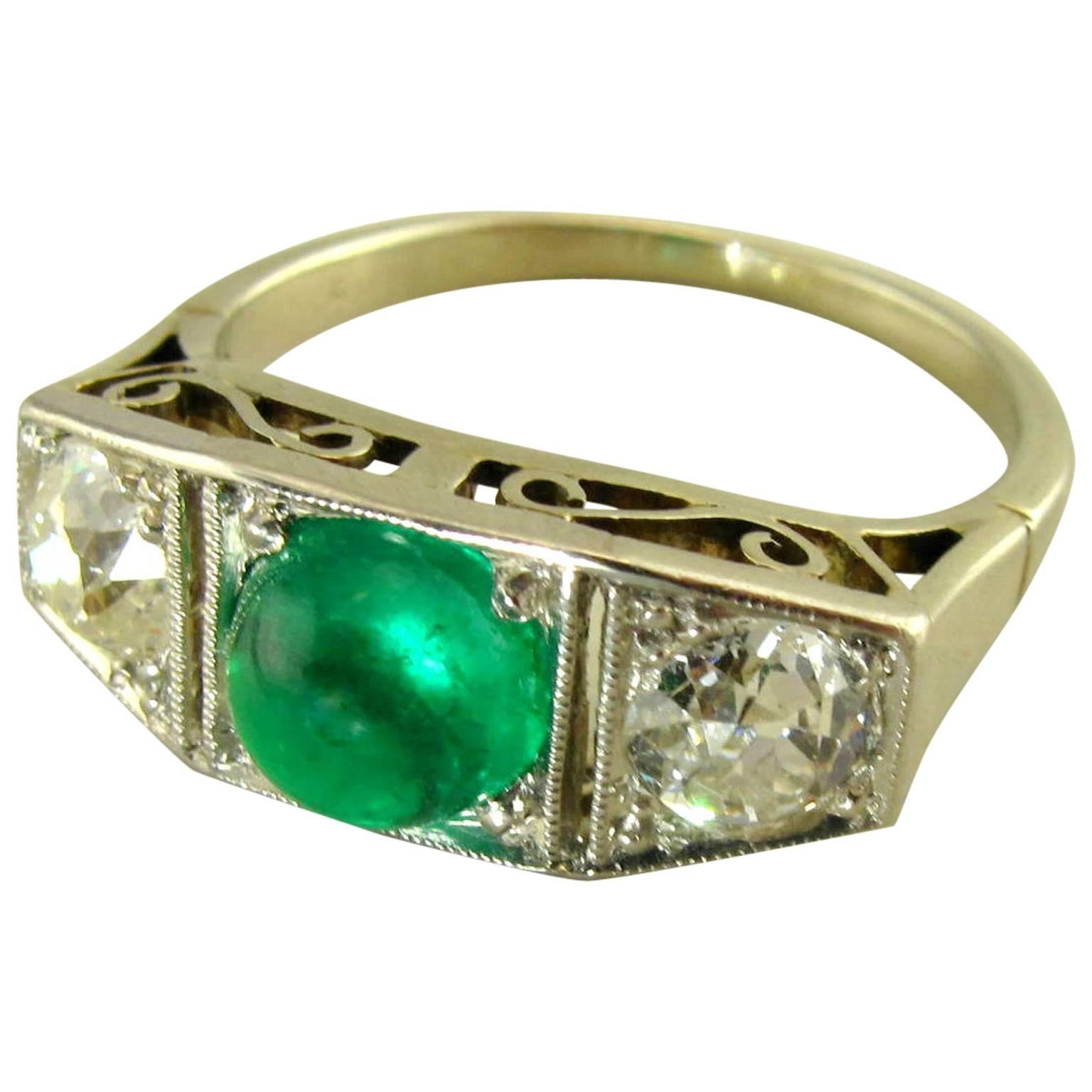 Art Deco Emerald Diamond Platinum Three-Stone Ring For Sale