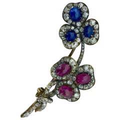 French Antique Sapphire Ruby Diamond Silver Gold Brooch