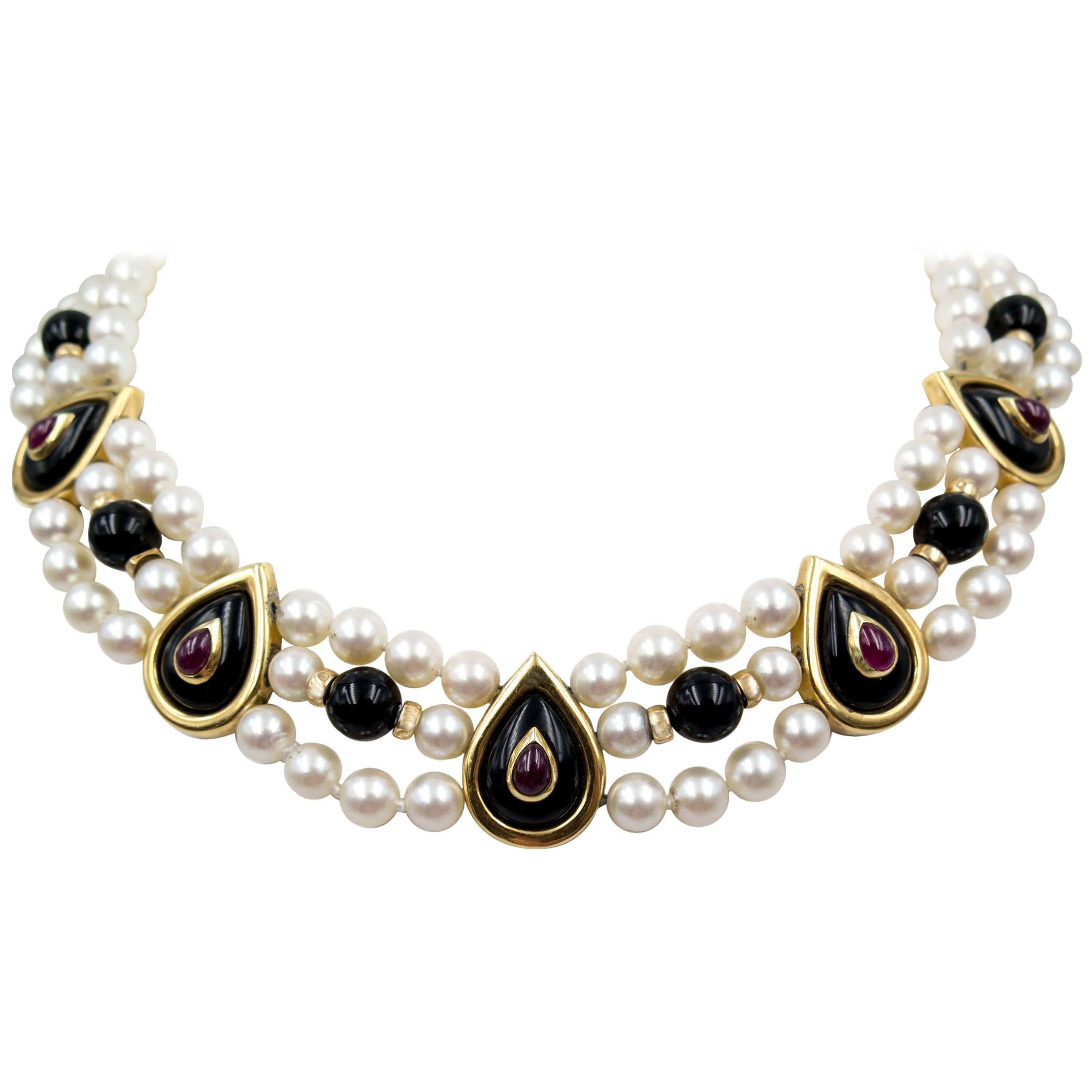 Triple Row Ruby Onyx Pearl Decorative Gold Necklace For Sale